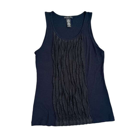 Design History Navy Blue Sleeveless Front Ruffles Tank Top Shirt Medium Workwear - Picture 1 of 3